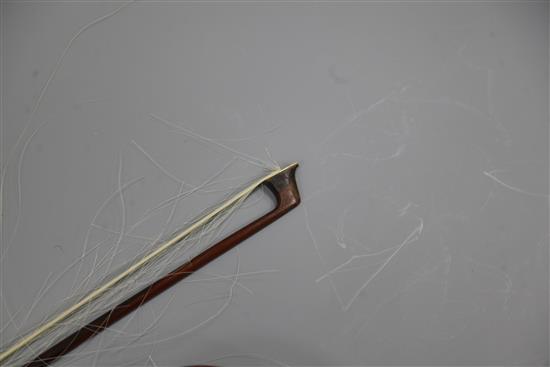 A violin with two piece back, bearing label for Petrus IO.. Mantegalia Mediolani, overall 23.5in., cased with bow
